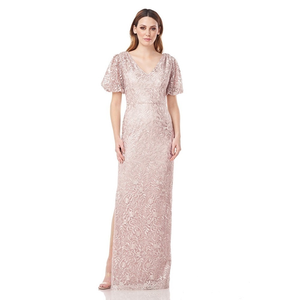 JS COLLECTIONS RIVER PUFF SLEEVE COLUMN GOWN NEW Size 4 Blush - Picture 2 of 15